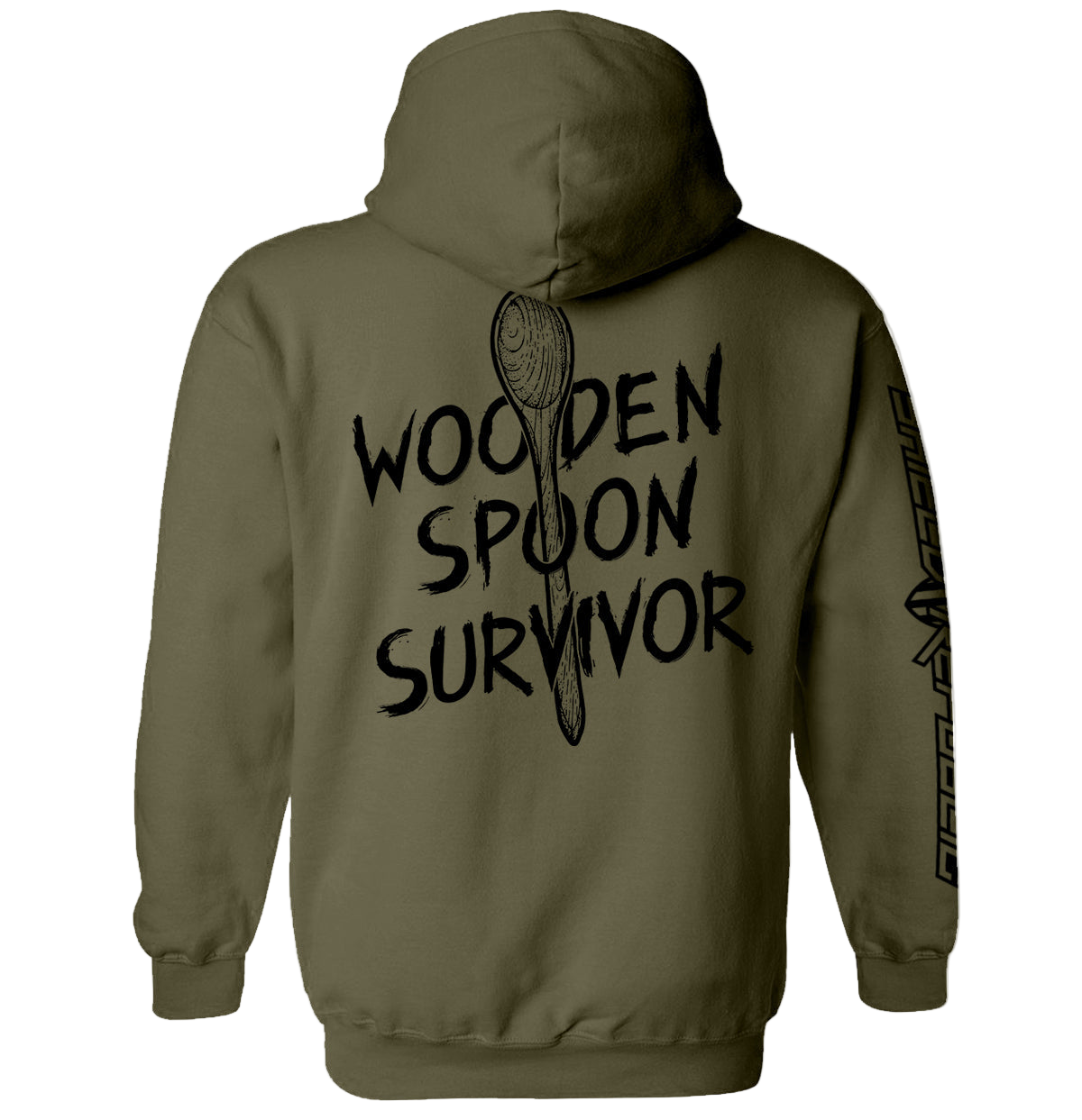 Green hoodie with 'Wooden Spoon Survivor' text and spoon graphic on a white background