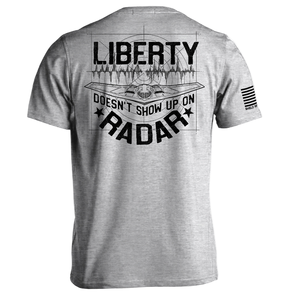 Gray t-shirt with 'Liberty Doesn't Show Up on Radar' text and graphic on the back, on a white background.