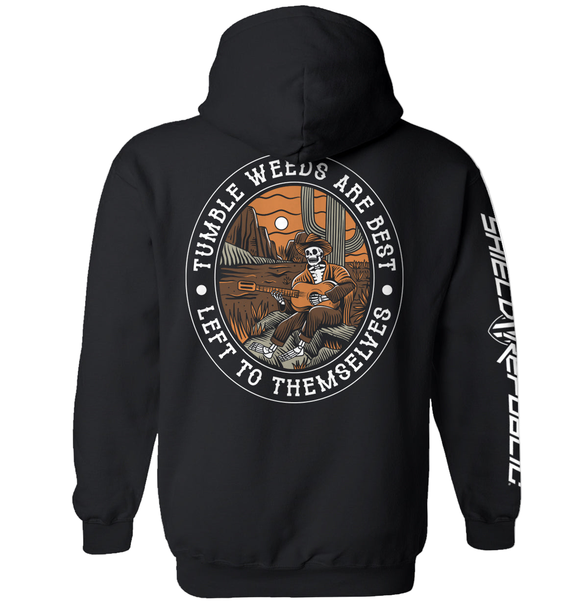 Black hoodie with a graphic design on the back featuring text and a landscape.
