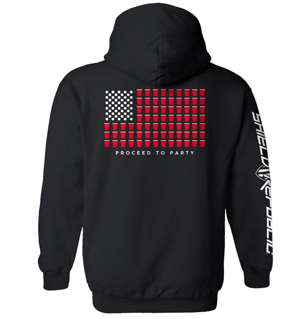 Black hoodie with American flag design and text on the back, on a white background