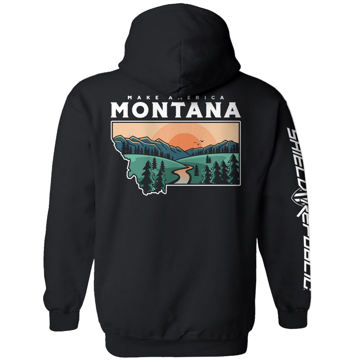 Black hoodie with 'Make America Montana' graphic on the back
