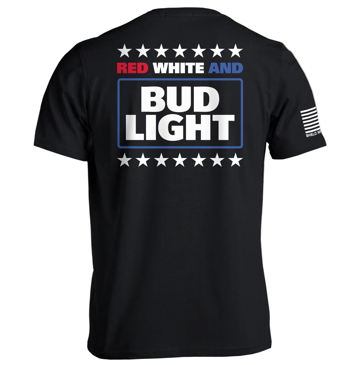 Black t-shirt with Bud Light logo on the back, featuring red, white, and blue colors.