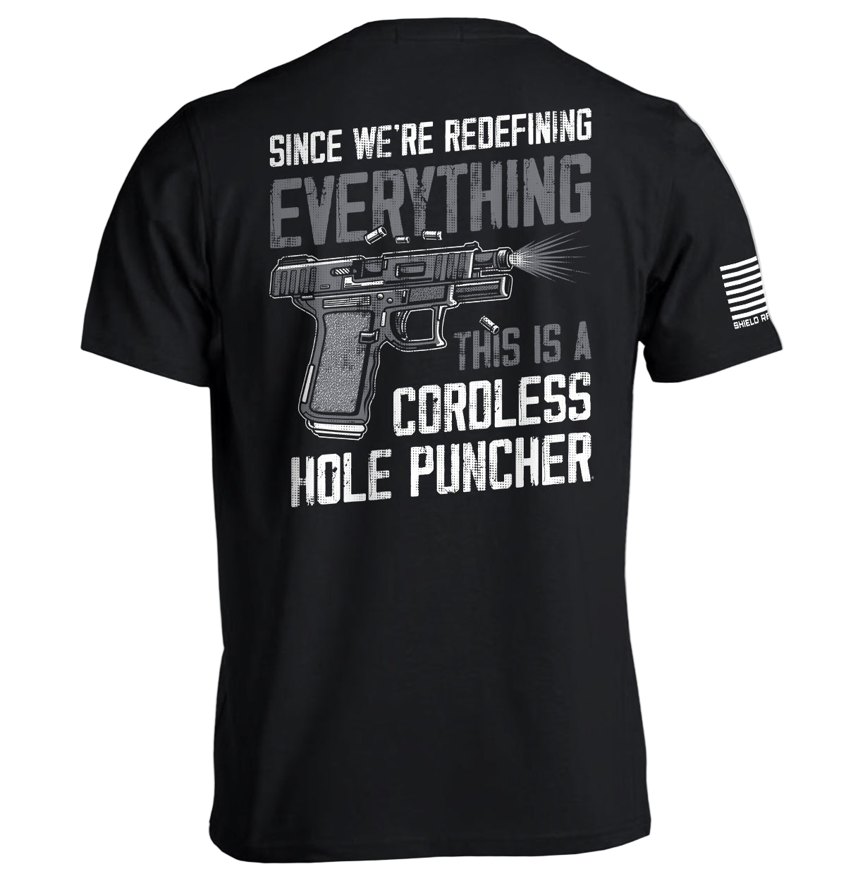 Black t-shirt with graphic design and text on a white background