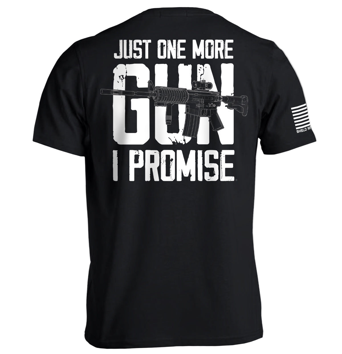 Black t-shirt with white text and graphic of a gun on a white background