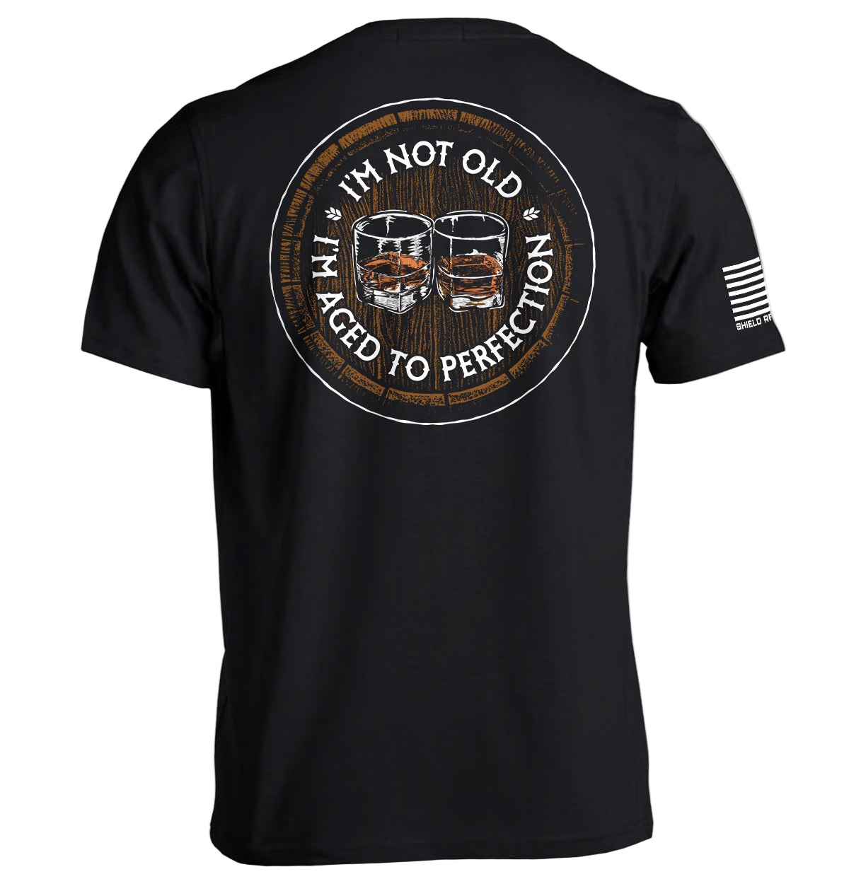 Black t-shirt with graphic design and text on the back, displayed against a white background.
