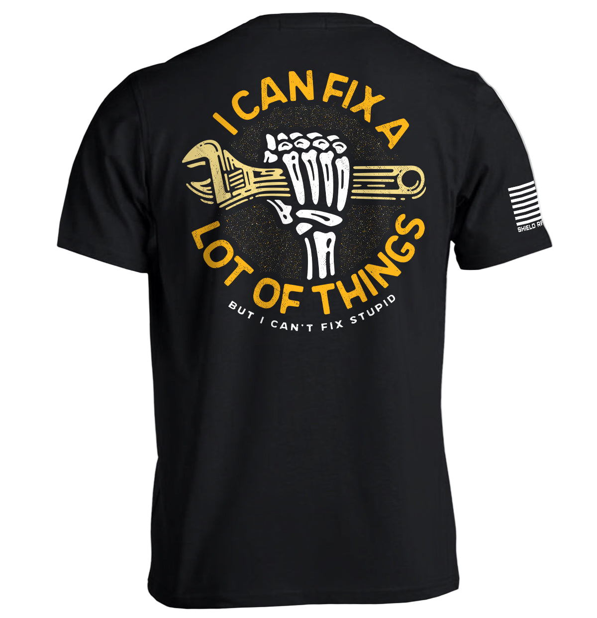 Black t-shirt with yellow and white graphic and text on a white background