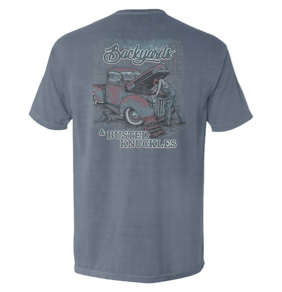 Gray t-shirt with a graphic of a man working on a truck and text on the back, on a white background.
