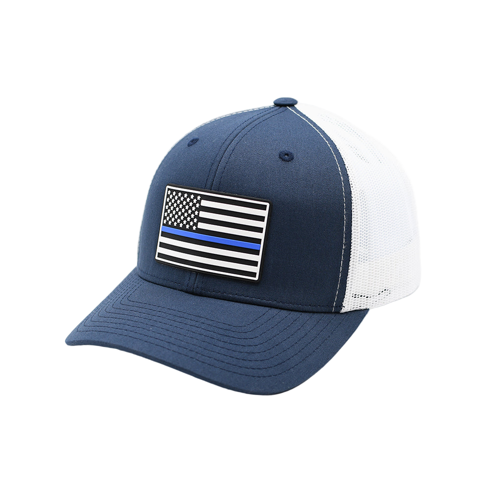 Blue and white cap with American flag patch on a white background