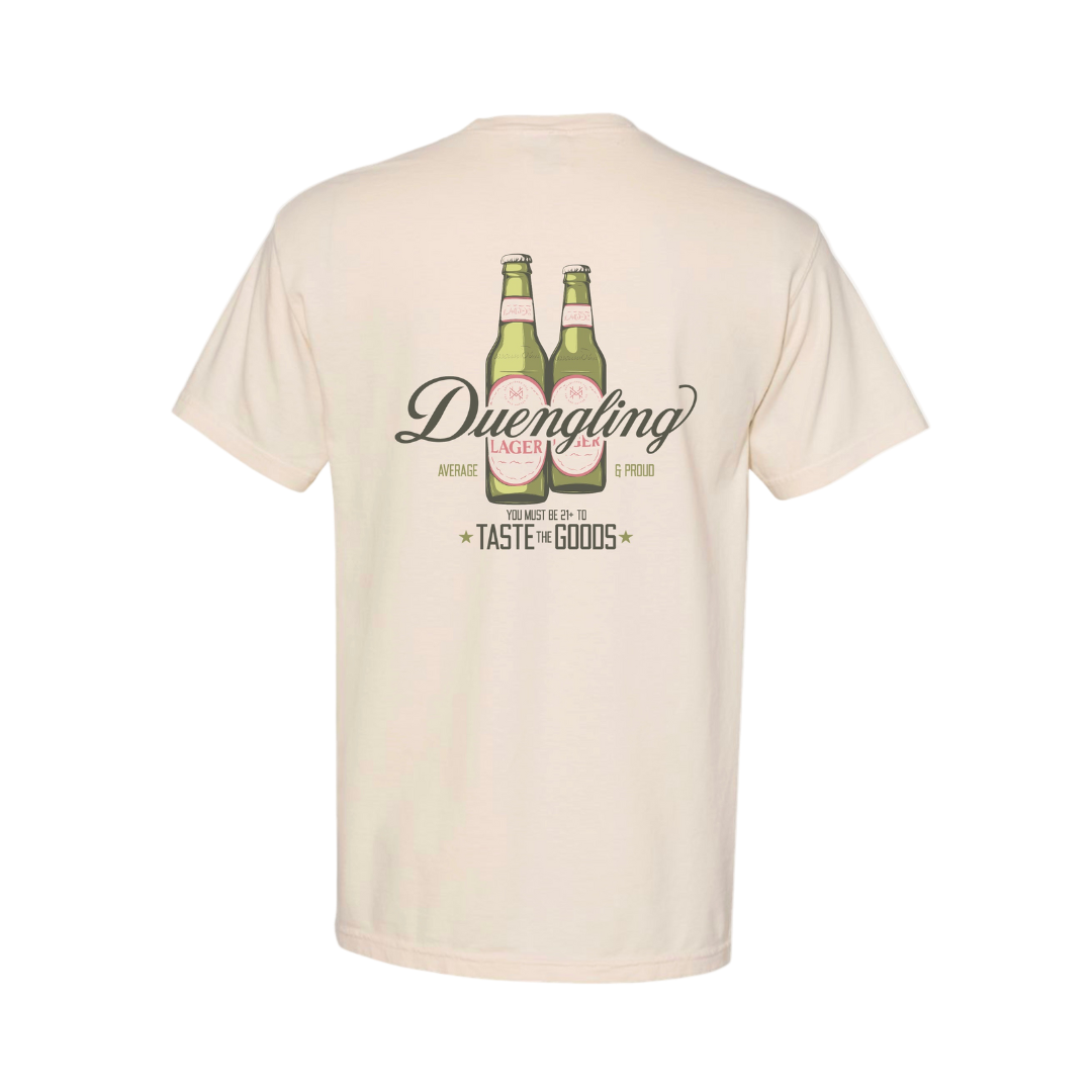 Beige t-shirt with Duengling Lager graphic on a white background