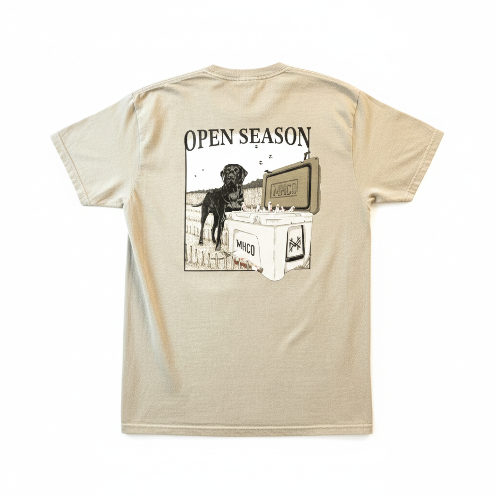 Open Season T Shirt featuring outdoor graphic with working-dog and gear illustration, perfect for hunting enthusiasts.