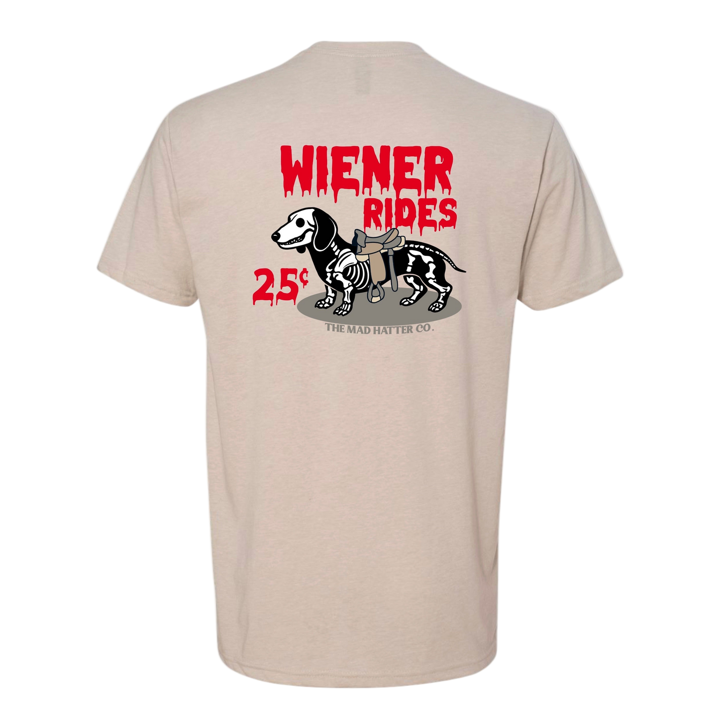 Beige t-shirt with 'Wiener Rides' graphic and text on the back, brand 'The Mad Hatter Co.' visible.
