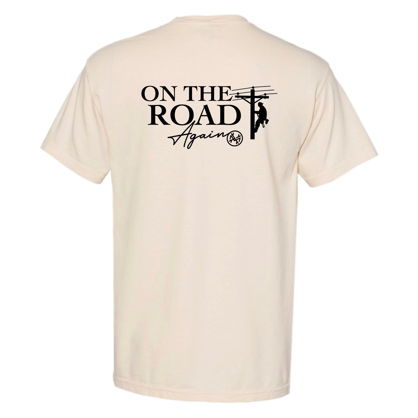 Beige t-shirt with 'On The Road Again' graphic on a white background