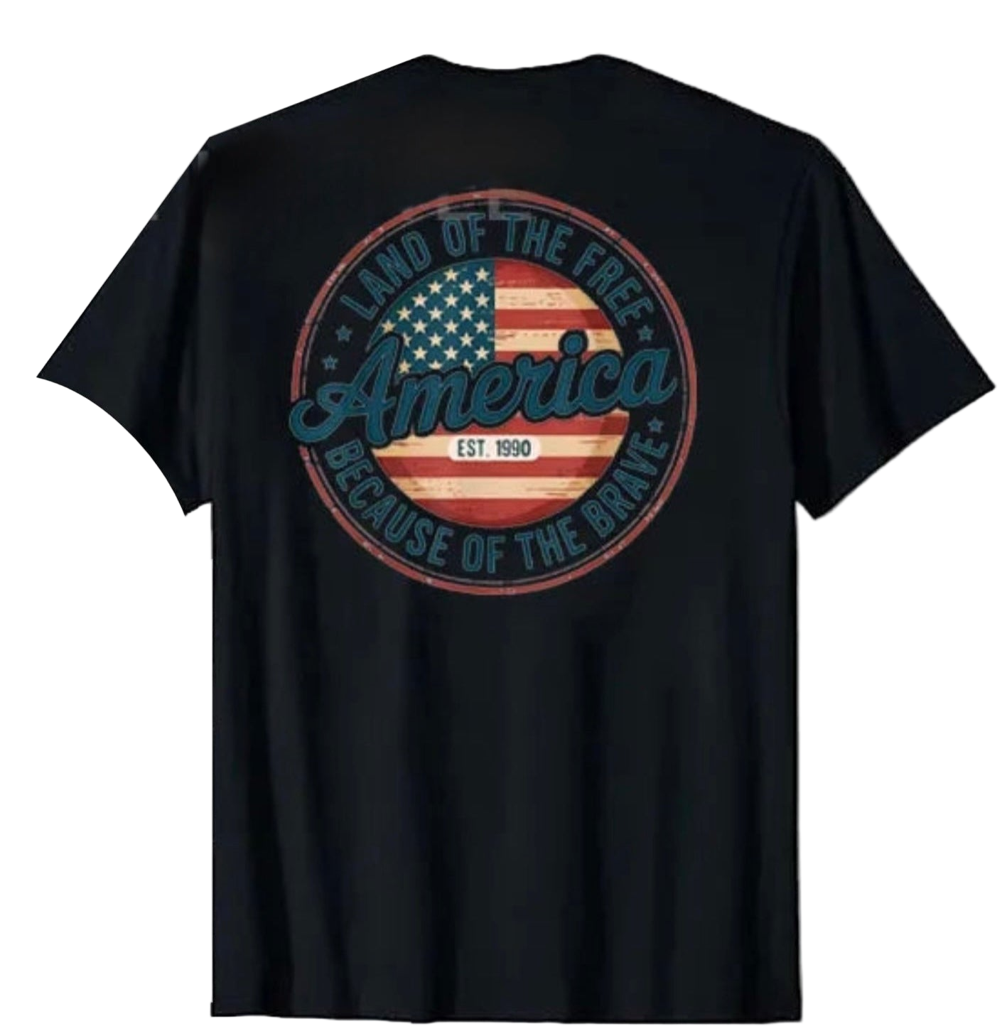 Black t-shirt with American flag and text design on a white background
