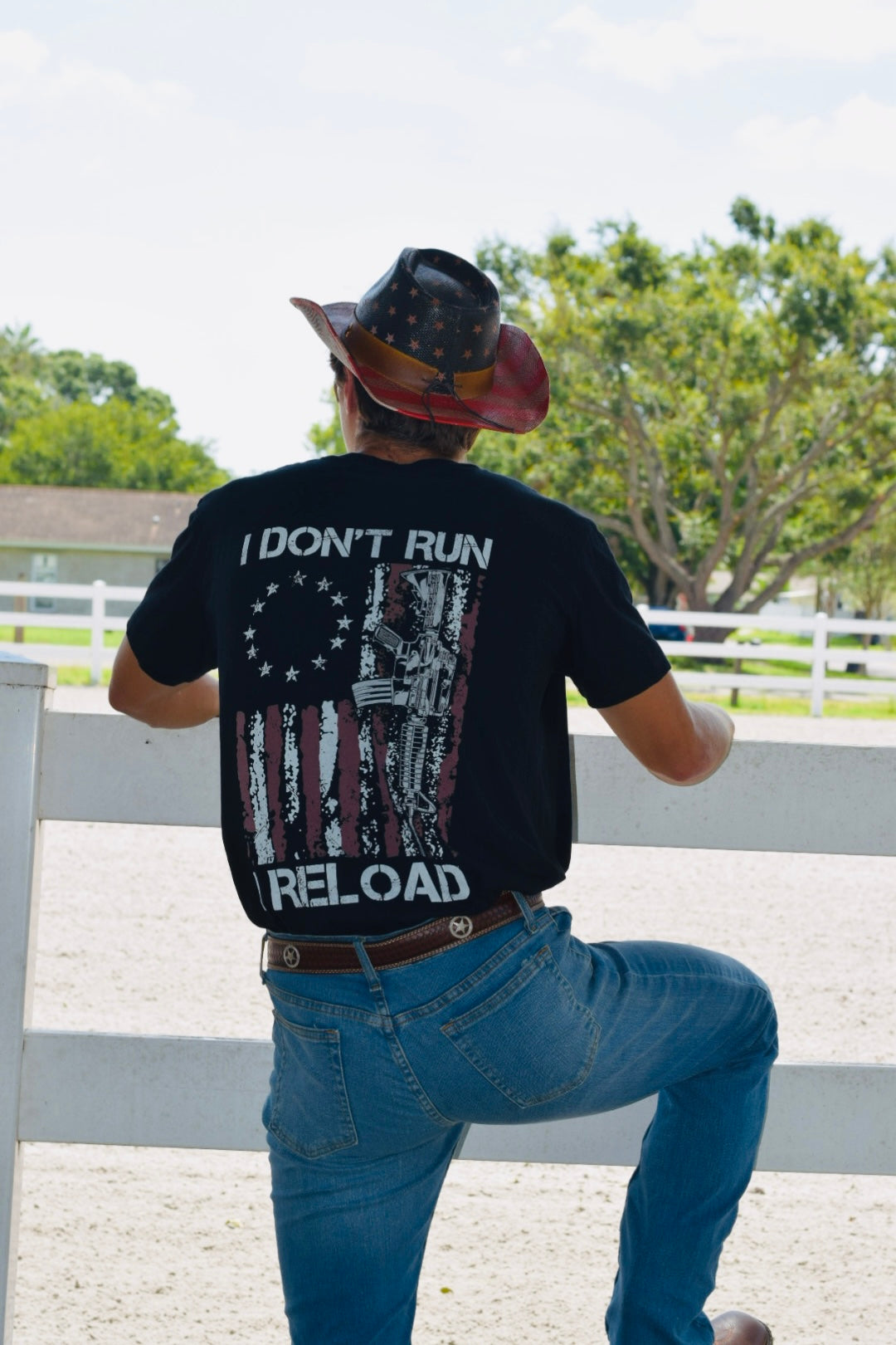 I Don't Run I Reload Gun American Flag Shirt (Logo on Back)