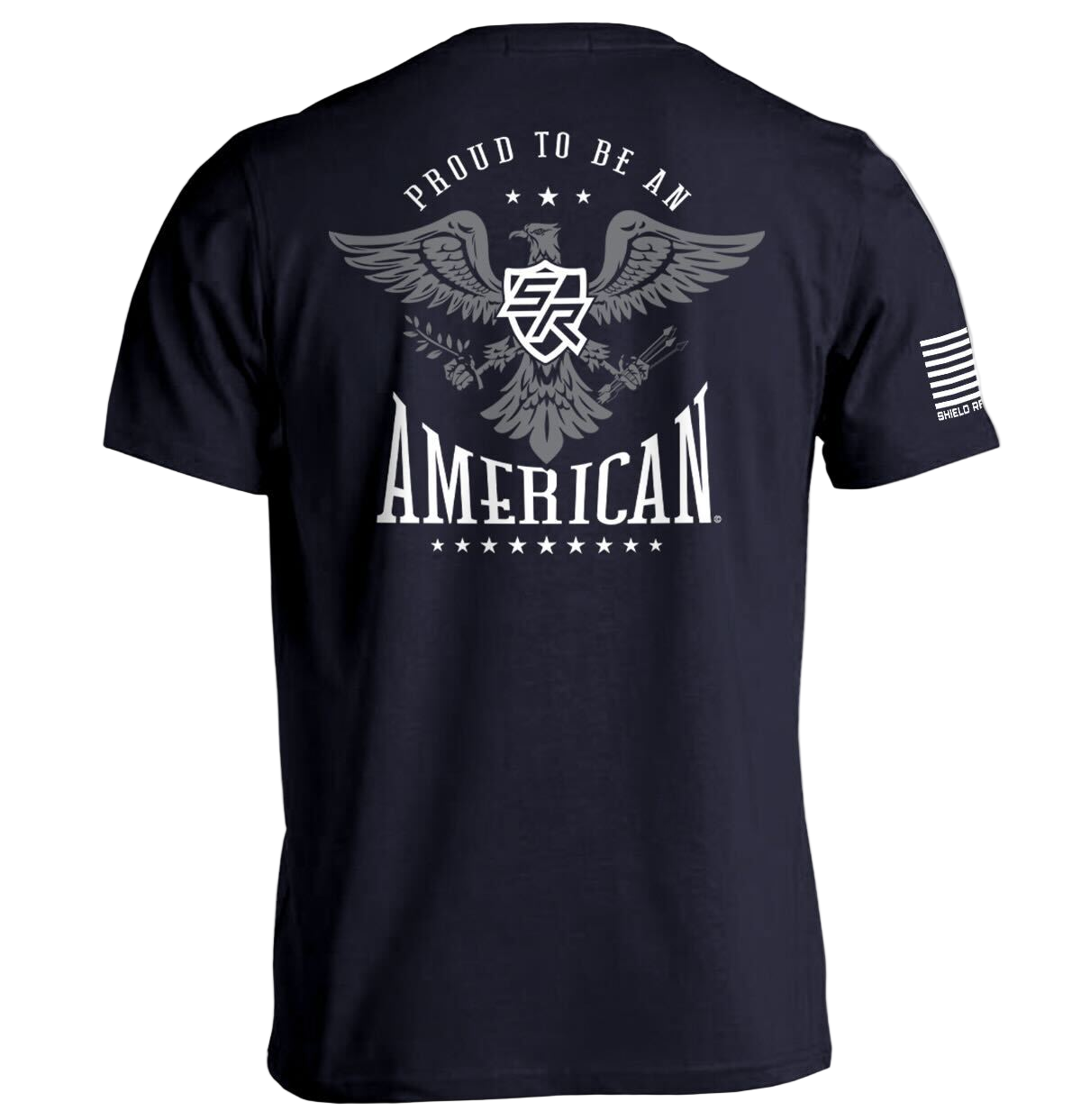 Black t-shirt with 'Proud to be an American' text and eagle design on a white background