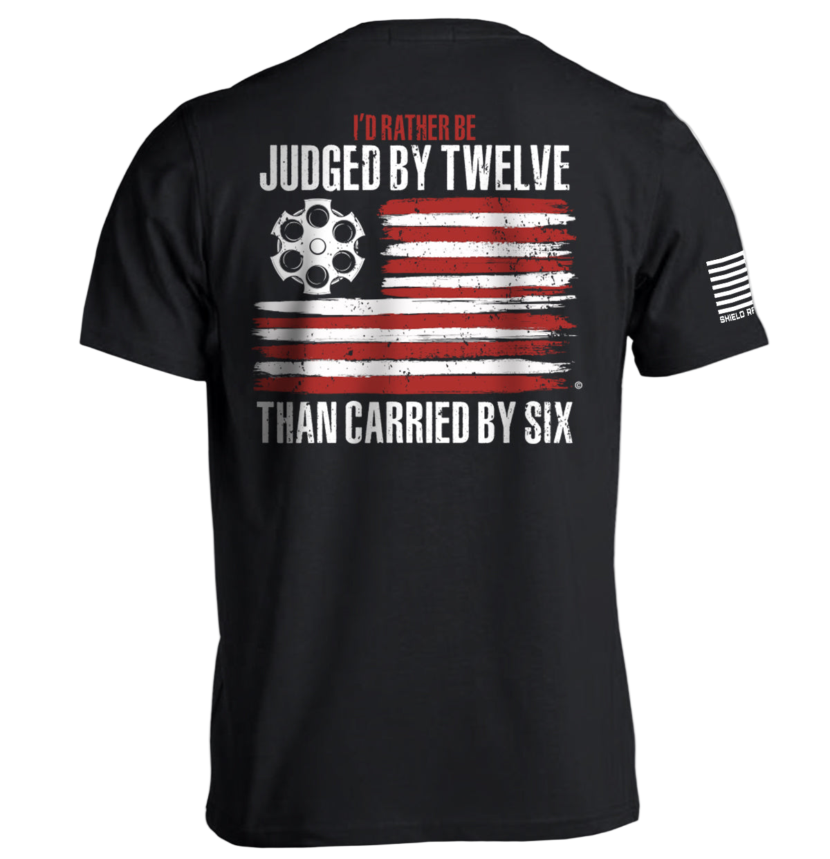 Black t-shirt with American flag design and text on a white background