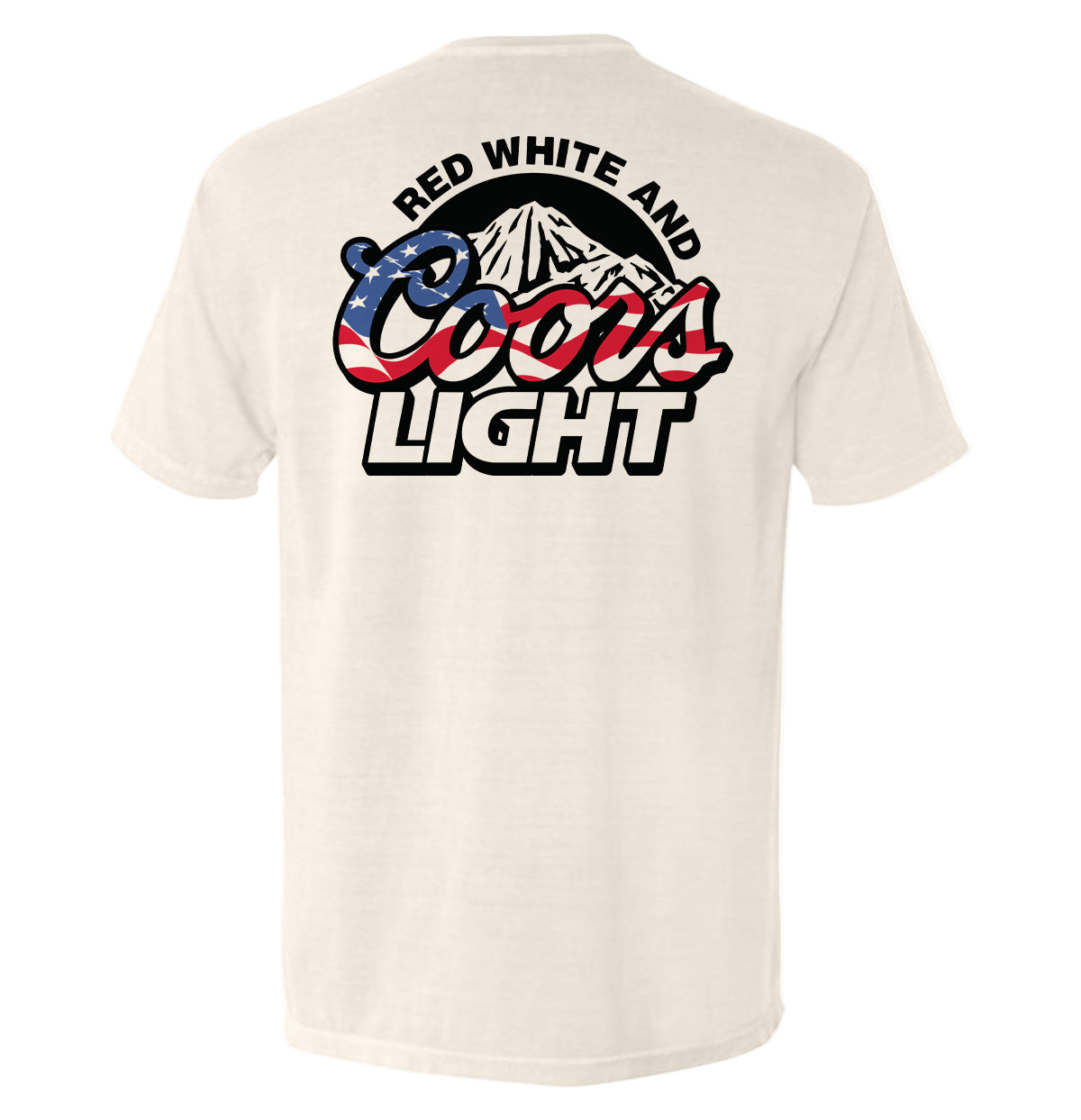 Beige t-shirt with Coors Light logo featuring American flag colors on a white background