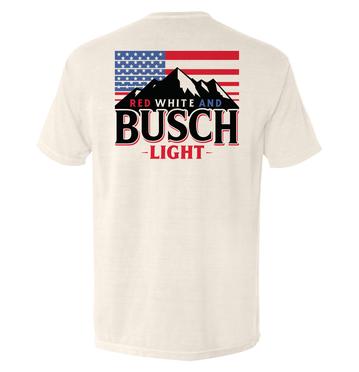 Beige t-shirt with American flag and 'Red White and Busch Light' text on a white background