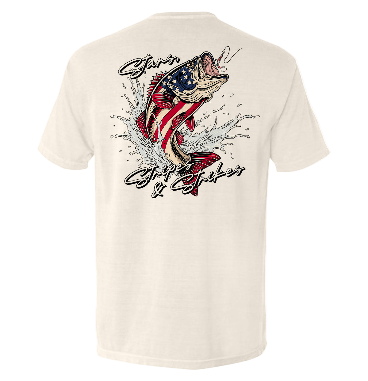 Beige t-shirt with a graphic of a fish with an American flag design on the back, on a white background.