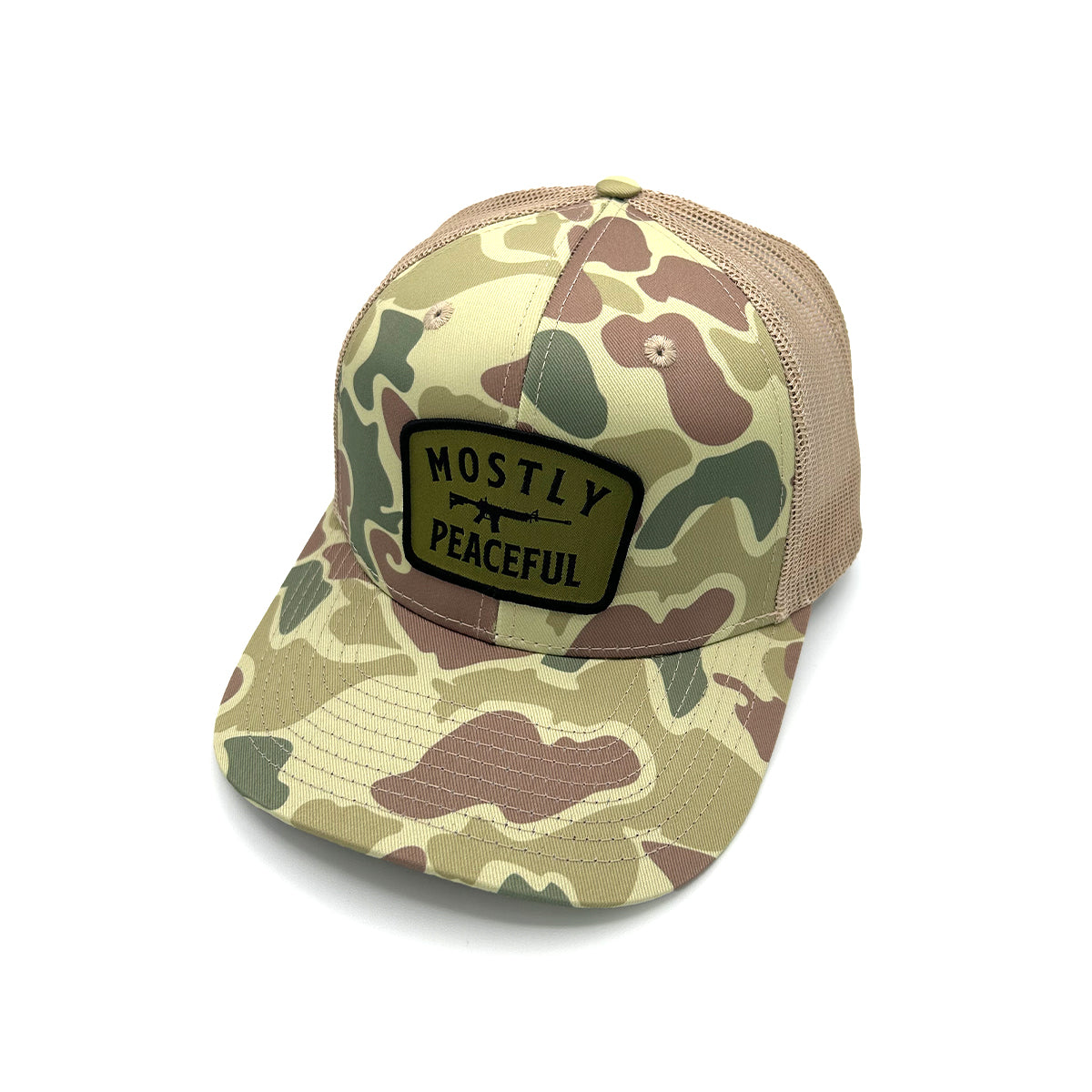 Camouflage baseball cap with 'Mostly Peaceful' patch on a white background