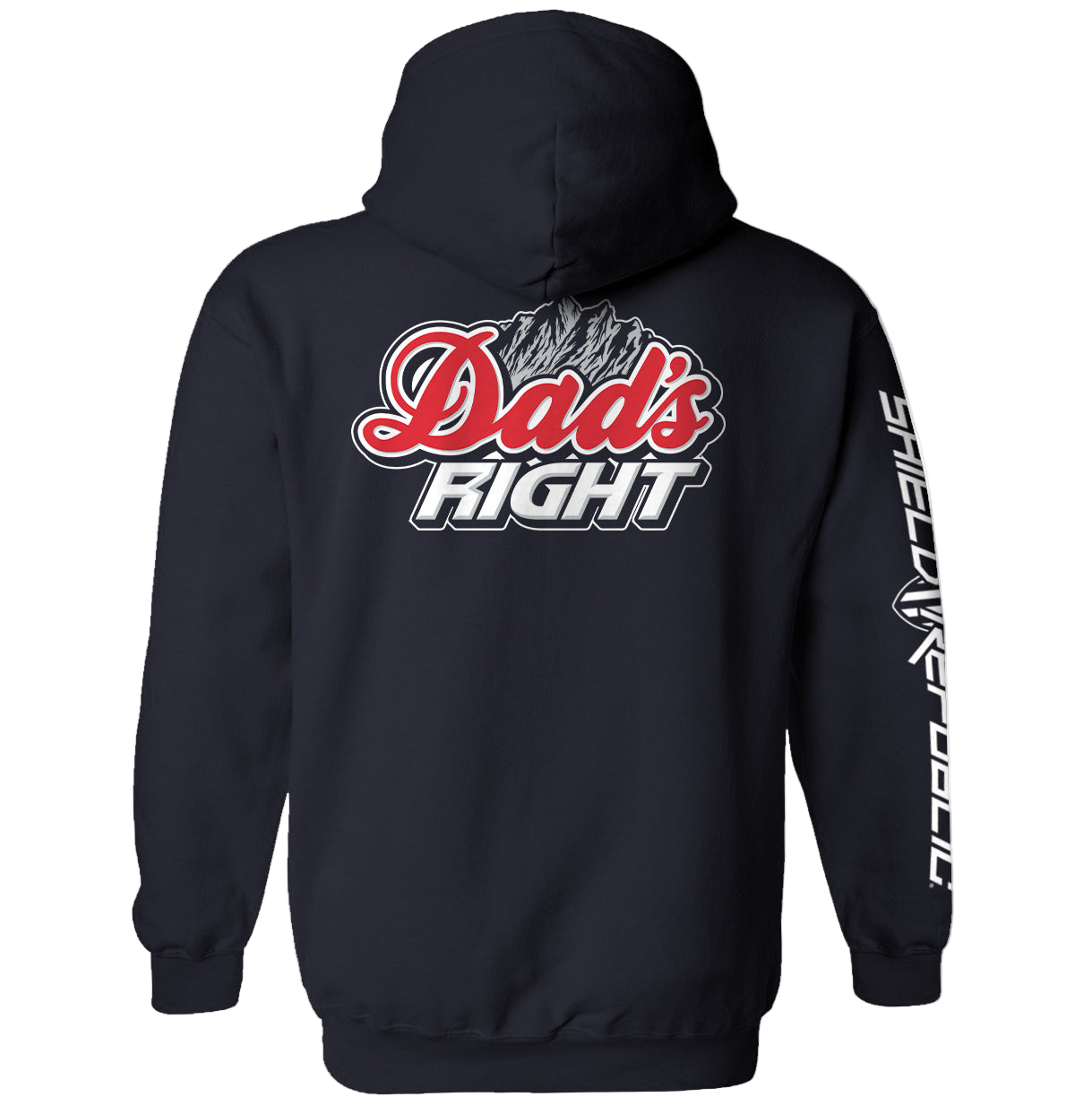 Black hoodie with 'Dad's Fight' text on the back and sleeve branding.