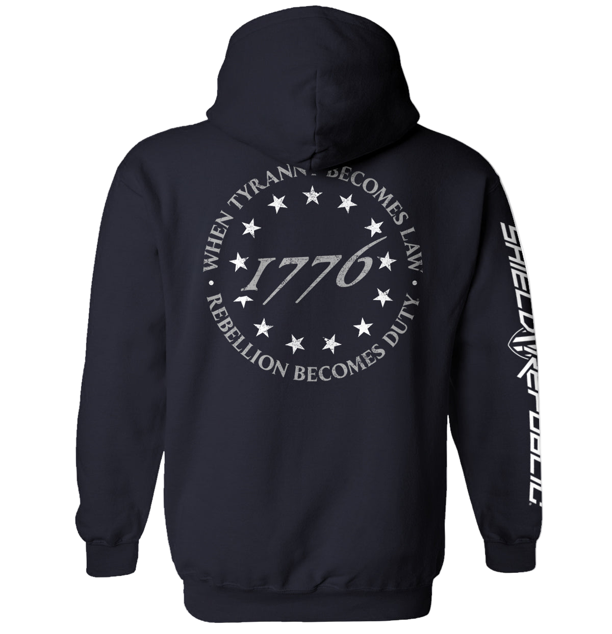 Black hoodie with text and star design on the back, displayed on a white background