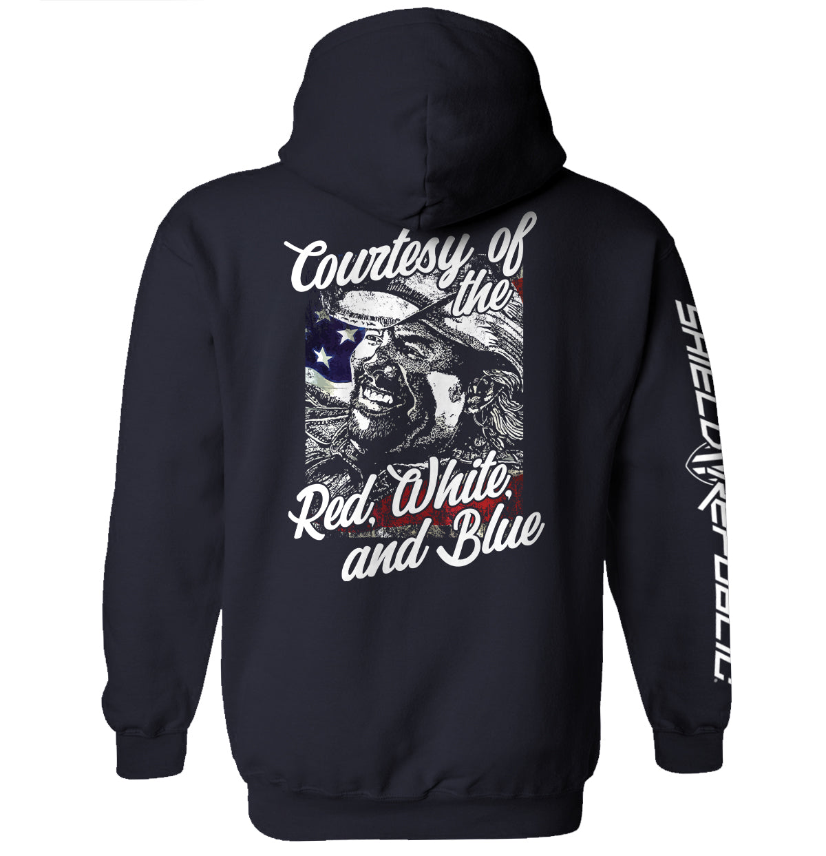 Courtesy Of The Red White And Blue T-Shirt with patriotic graphic and vintage style on dark hoodie