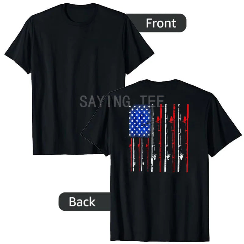 Black t-shirt with American flag and fishing rod design on the back, shown from front and back views.
