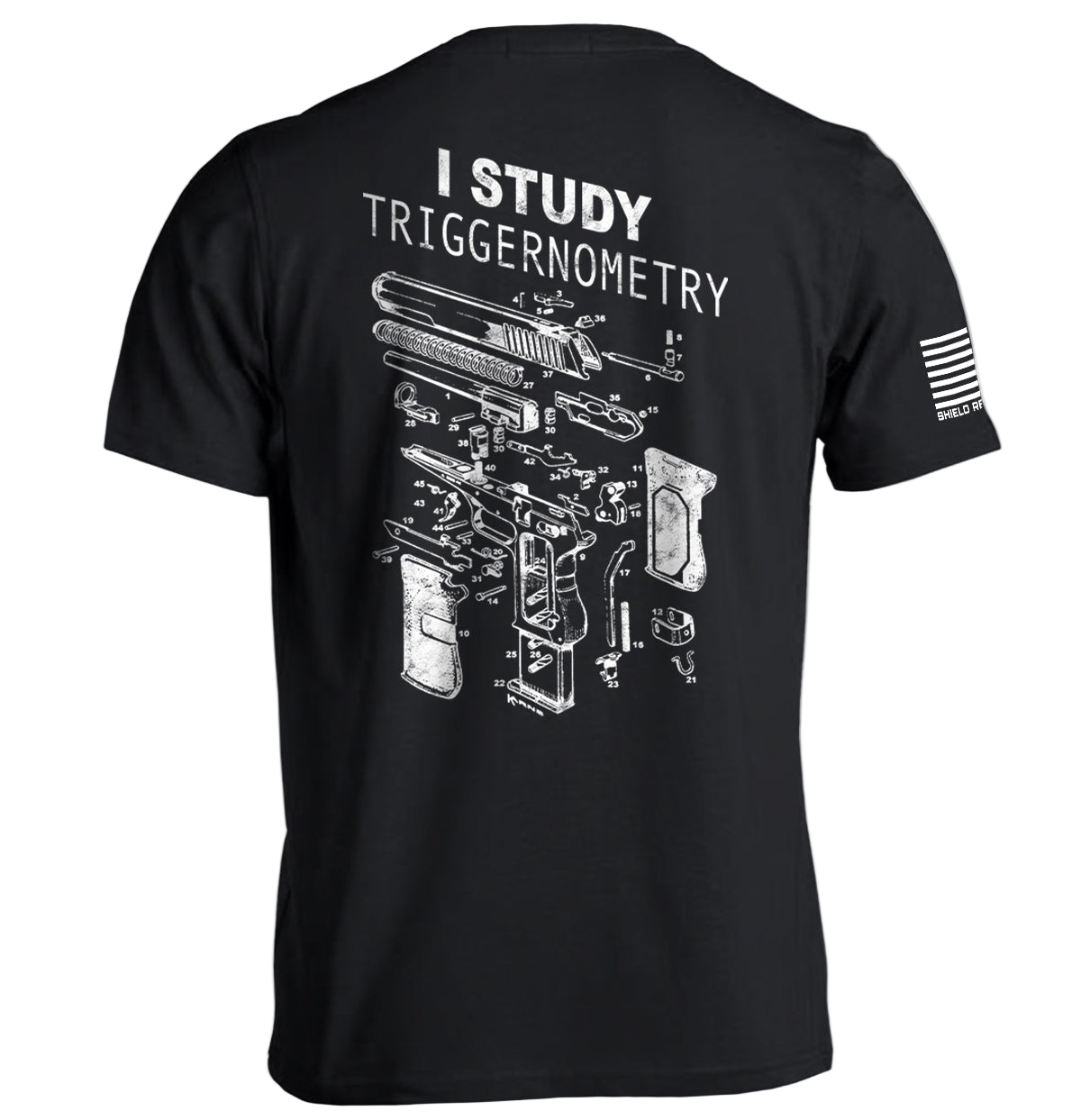 Black t-shirt with white graphic and text on a white background