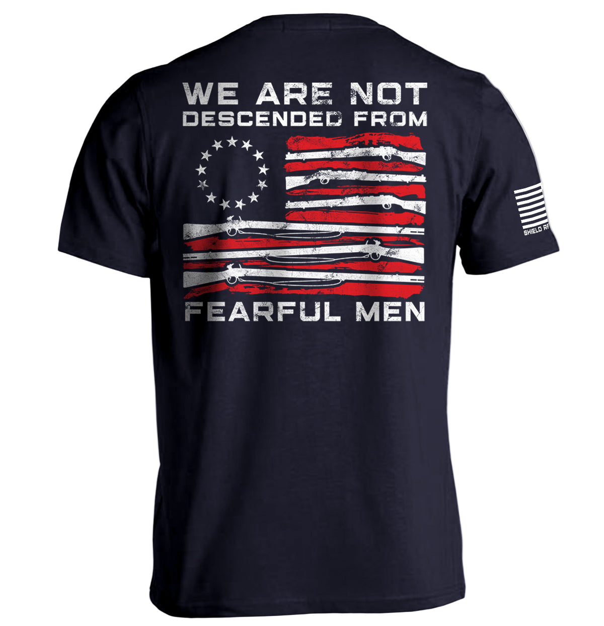 Black t-shirt with American flag design and text on a white background