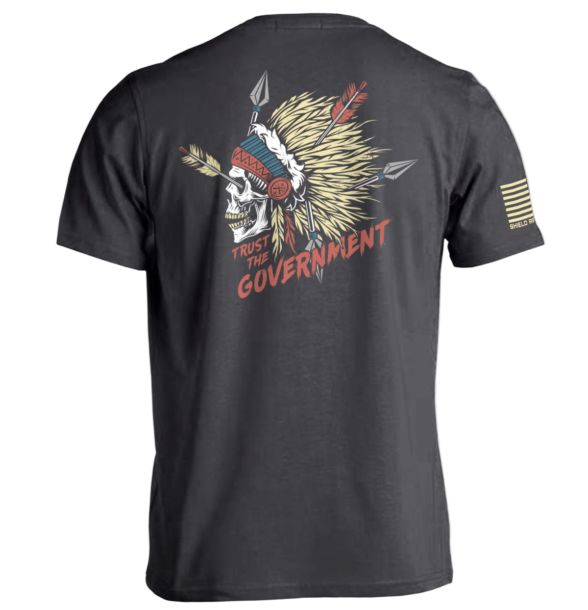 Black t-shirt with a graphic design on the back featuring a skull with feathers and arrows, and text 'Trust the Government'.