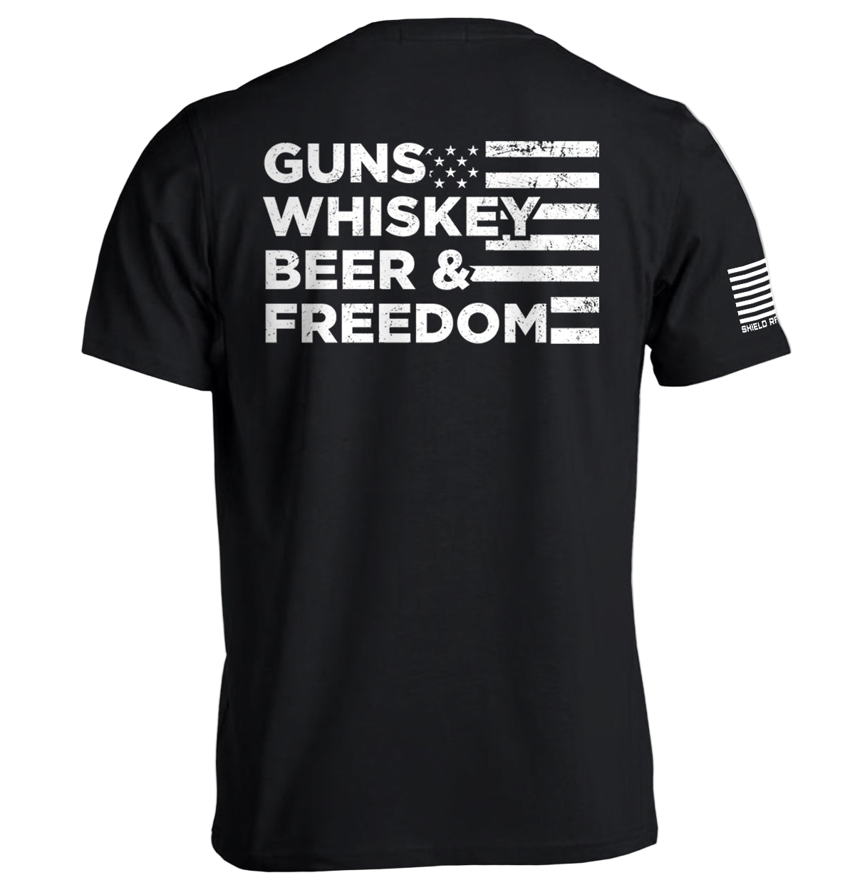 Black t-shirt with white text 'GUNS WHISKEY BEER & FREEDOM' on a white background