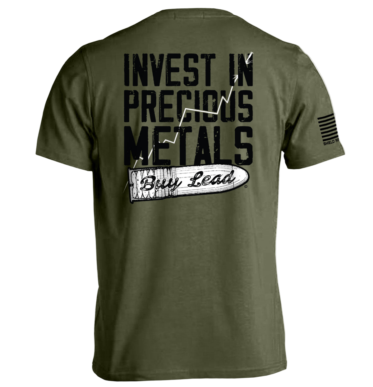 Green t-shirt with text 'Invest in Precious Metals Buy Lead' on a white background