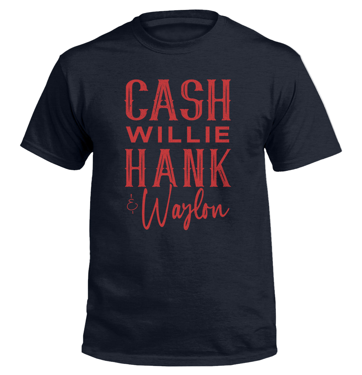 Black t-shirt with red text on a white background