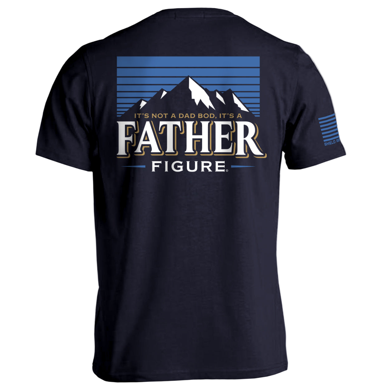 Black t-shirt with mountain graphic and text on the back, displayed on a white background