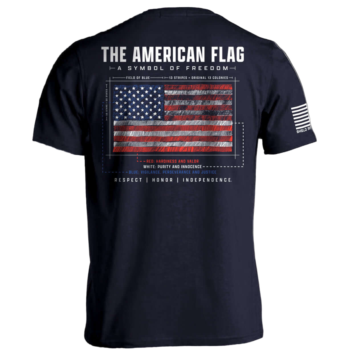 Black t-shirt with American flag design and text on a white background