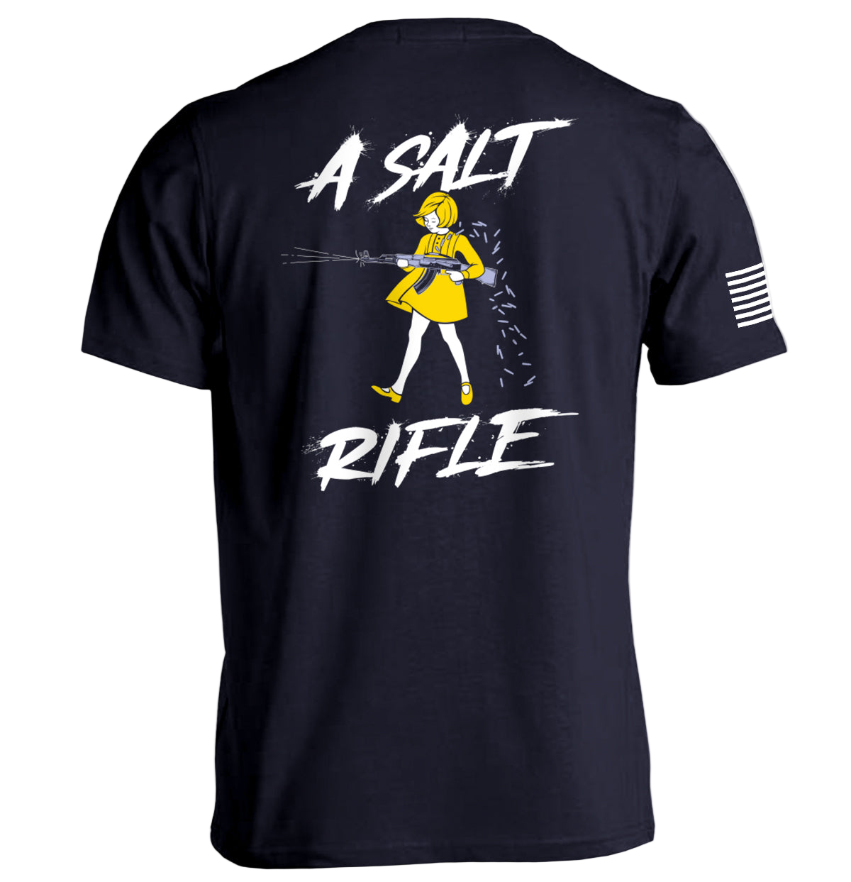 Black t-shirt with graphic design and text on a white background