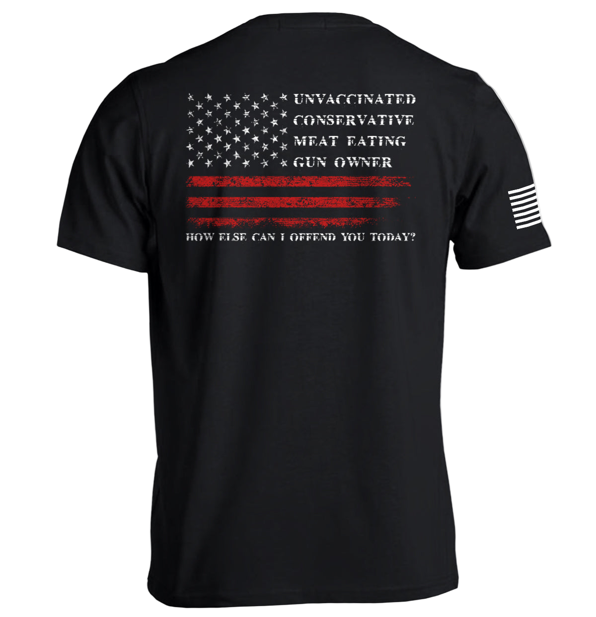 Black t-shirt with American flag design and text on the back, on a white background