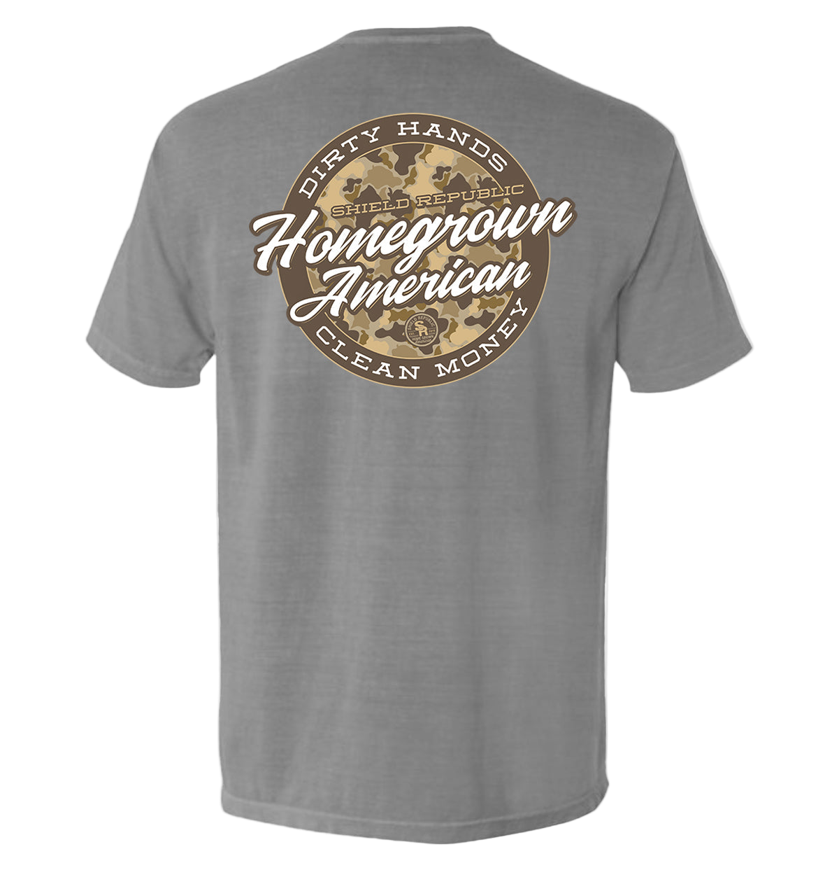 Gray t-shirt with a graphic design on the back featuring text and camouflage patterns.