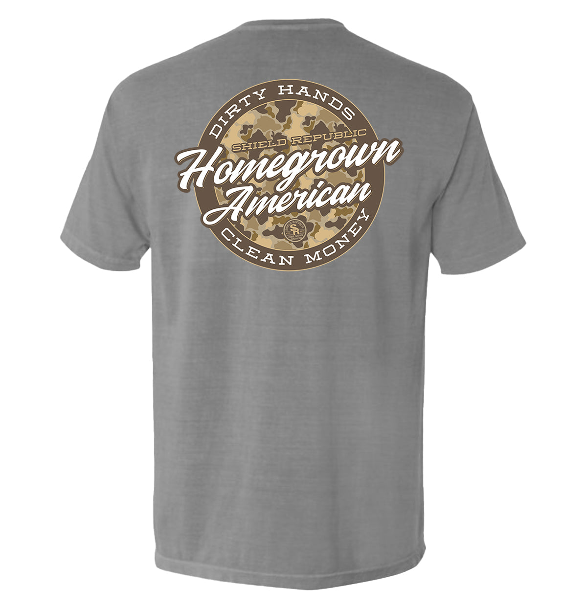 Gray t-shirt with a graphic design on the back featuring text and camouflage patterns.