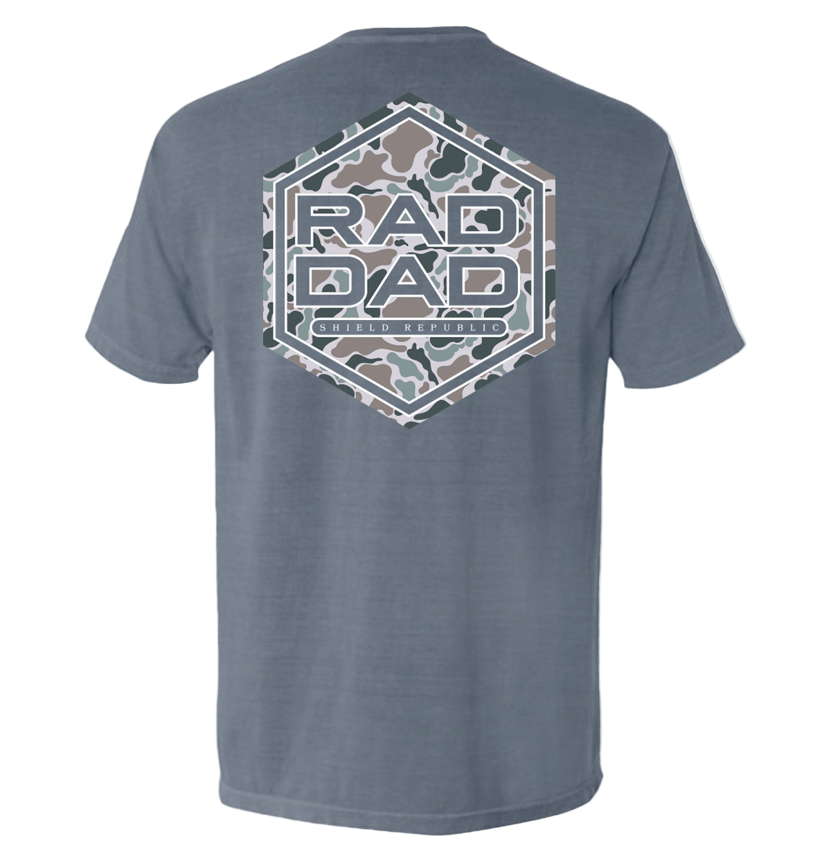 Gray t-shirt with 'RAD DAD' graphic on the back against a white background