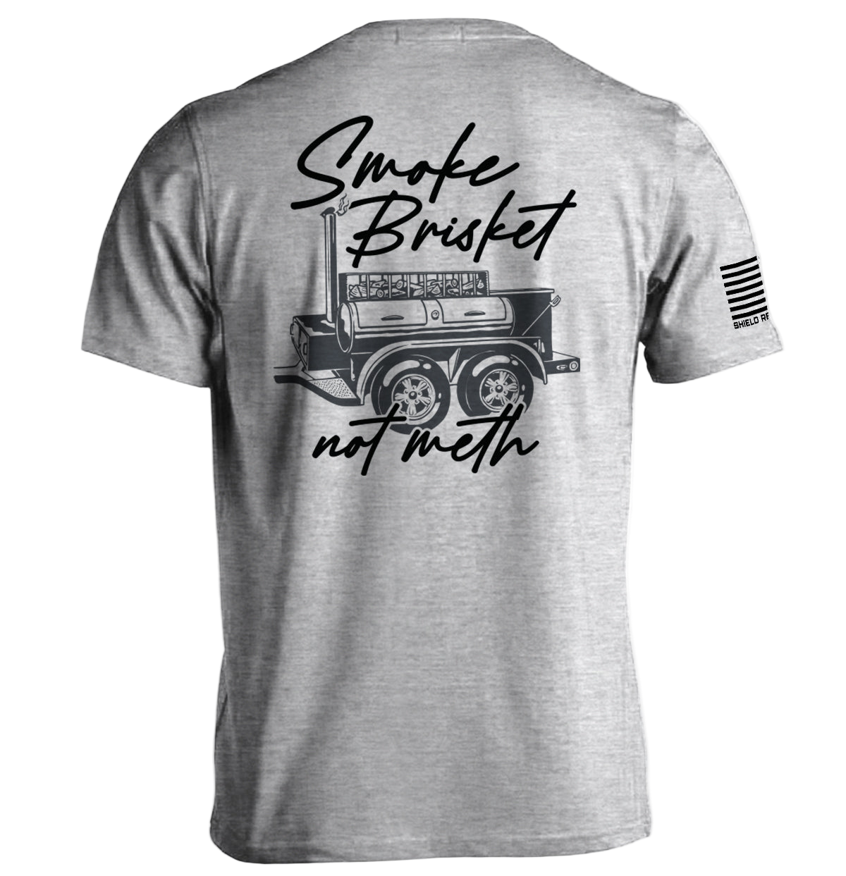 Gray t-shirt with a graphic of a barbecue truck and text on the back, on a white background.