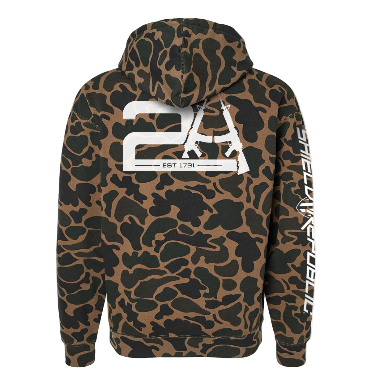 Camouflage hoodie with a logo on the back against a white background