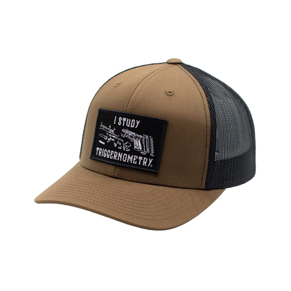 Brown trucker cap with black mesh back and a patch on a white background