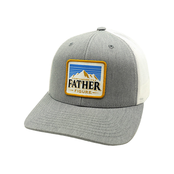 Gray and white cap with a 'Father Figure' patch on a white background