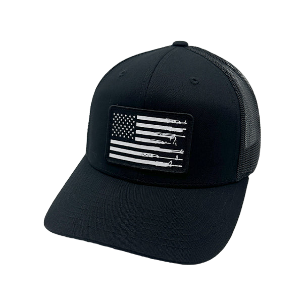 Black cap with American flag patch on a white background