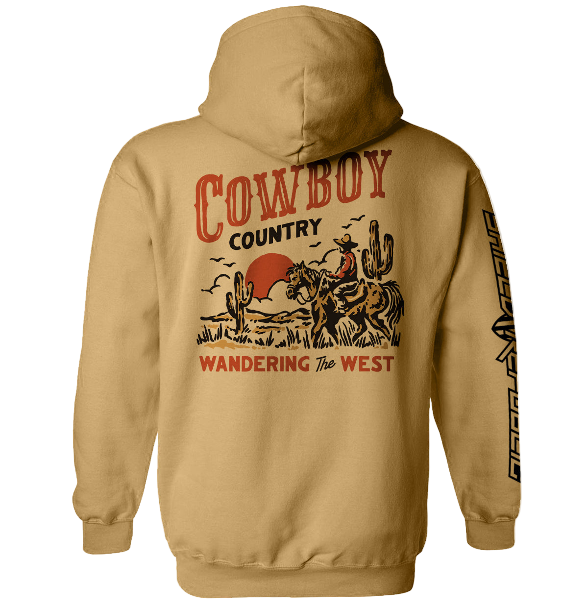 Beige hoodie with cowboy-themed graphic on the back