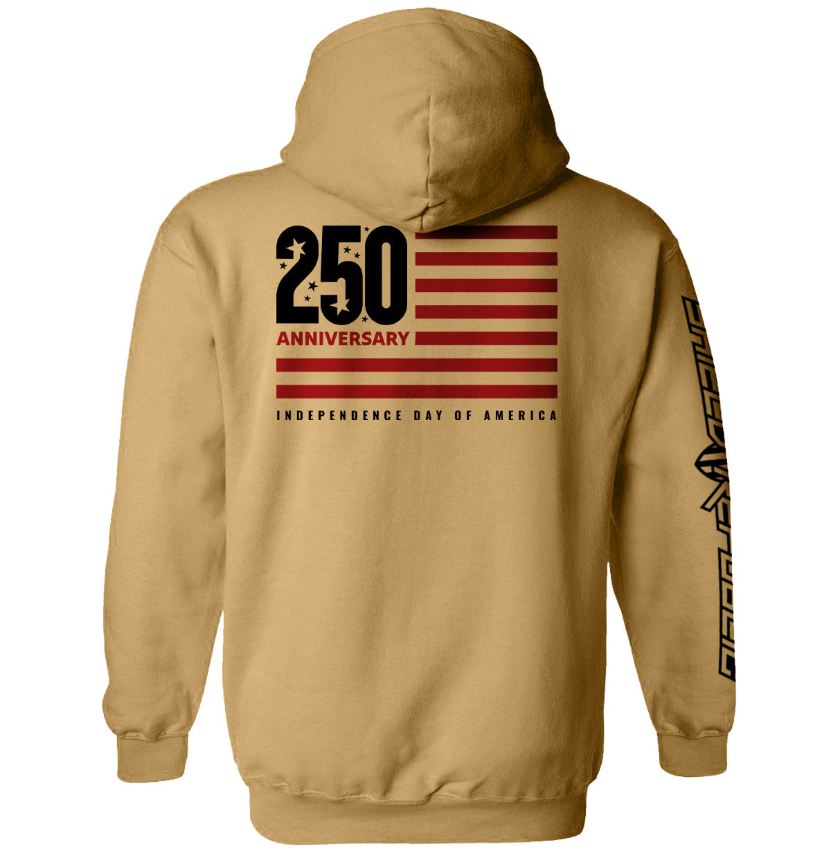 America 250 Years Anniversary Flag Shirt with modern flag design, commemorating 250th Independence Day milestone, beige hoodie style.