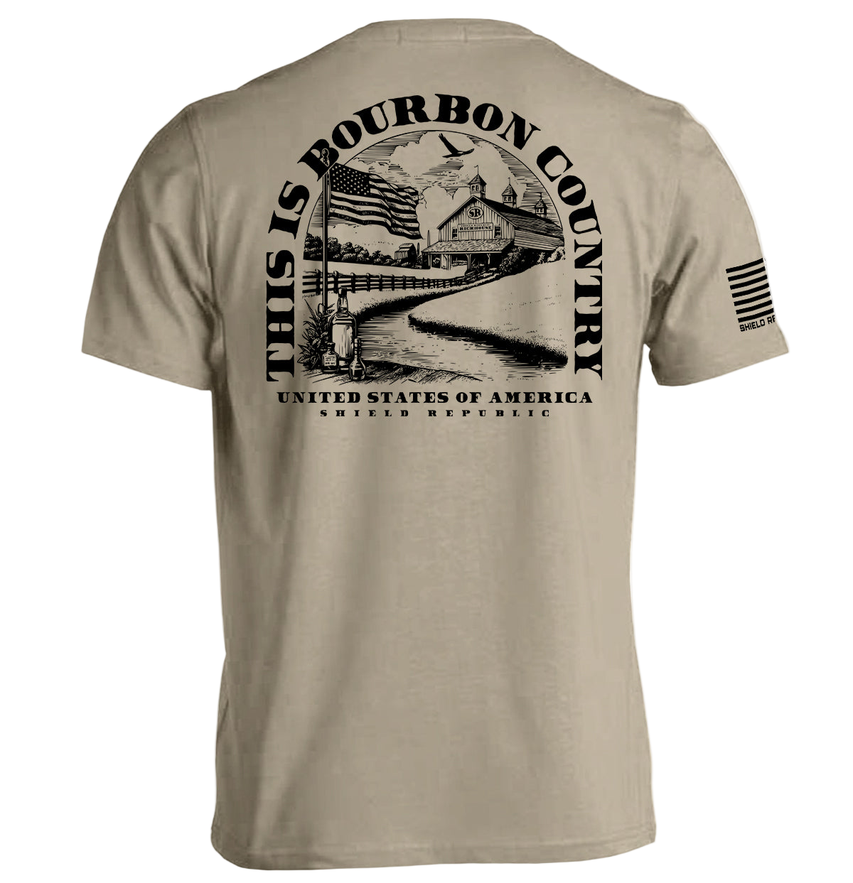 Beige t-shirt with black graphic and text on a white background