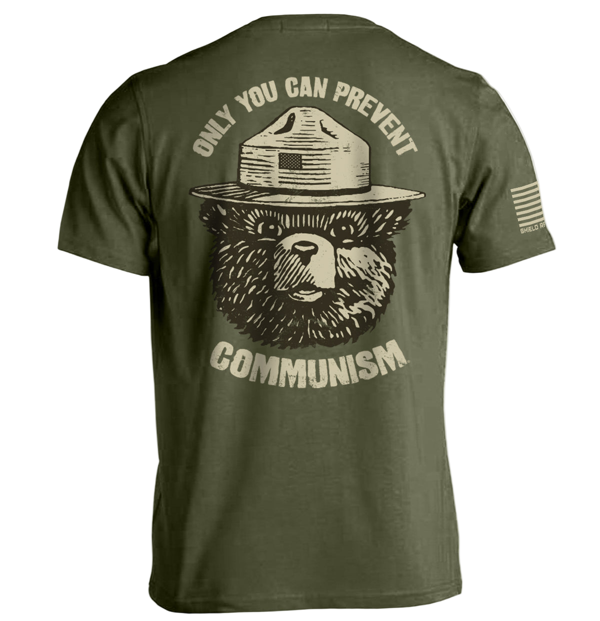 Green t-shirt with bear graphic and text on the back, displayed against a white background.